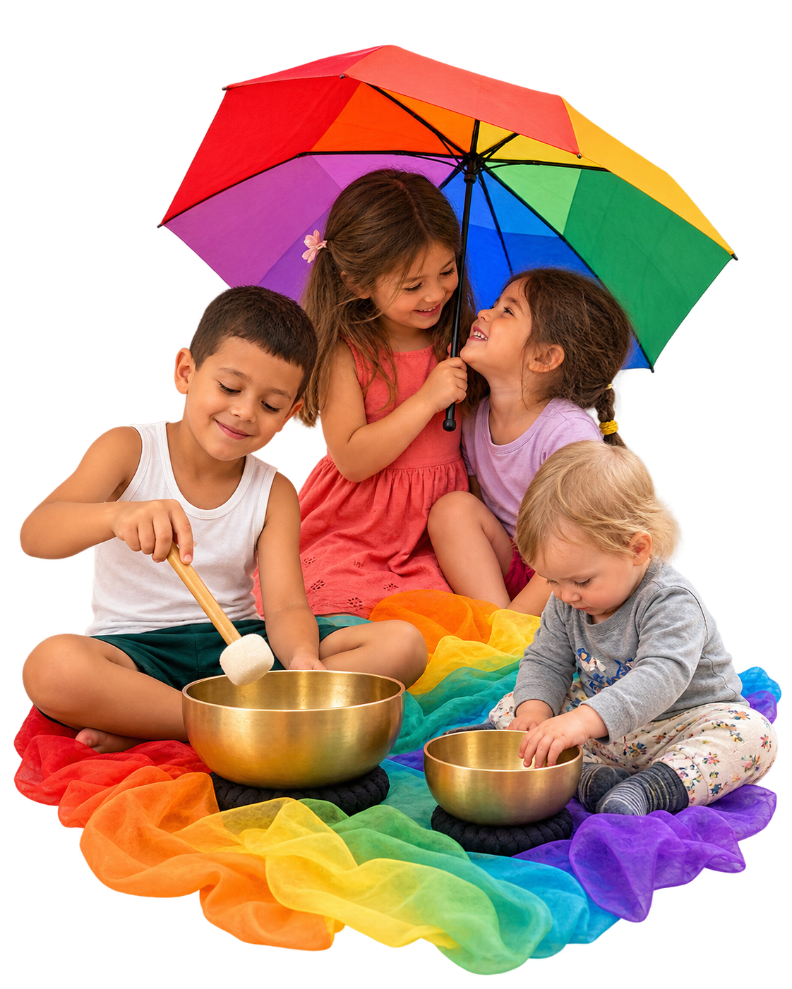 Kinder mit buntem Regenschirm und Peter Hess Klangschalen